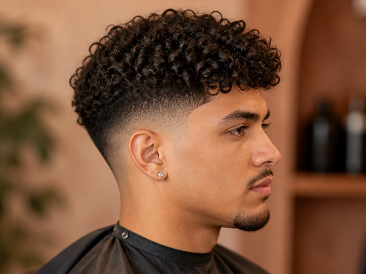Mid drop fade with long curly top