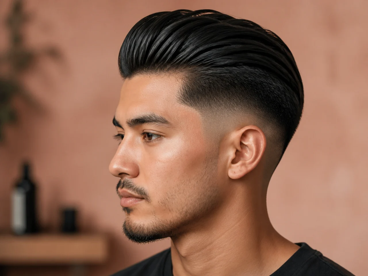 Mid fade with pomade slick back on medium top