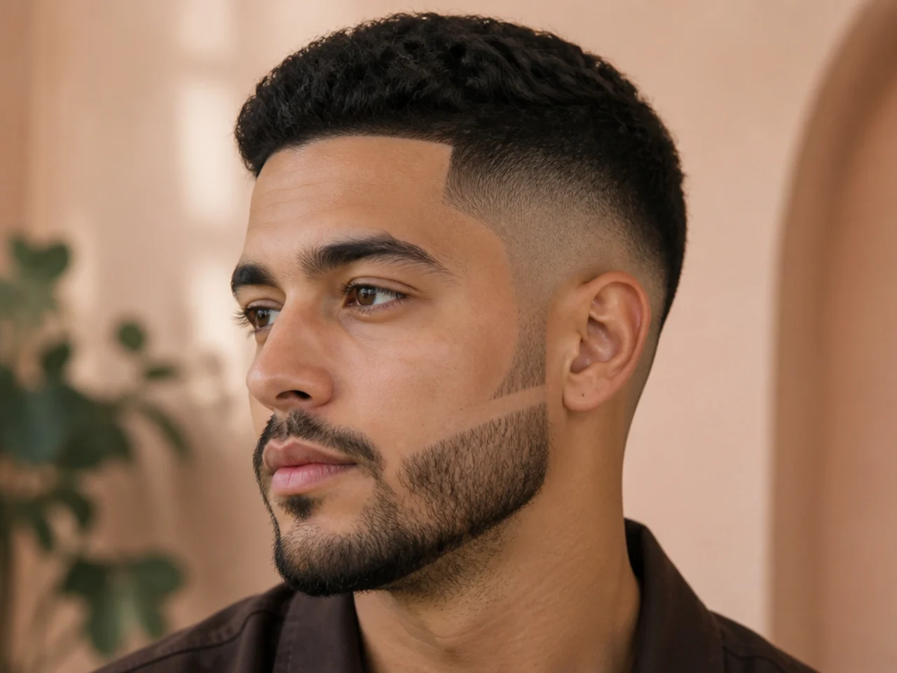 A mid fade with a deliberate gap above the beard