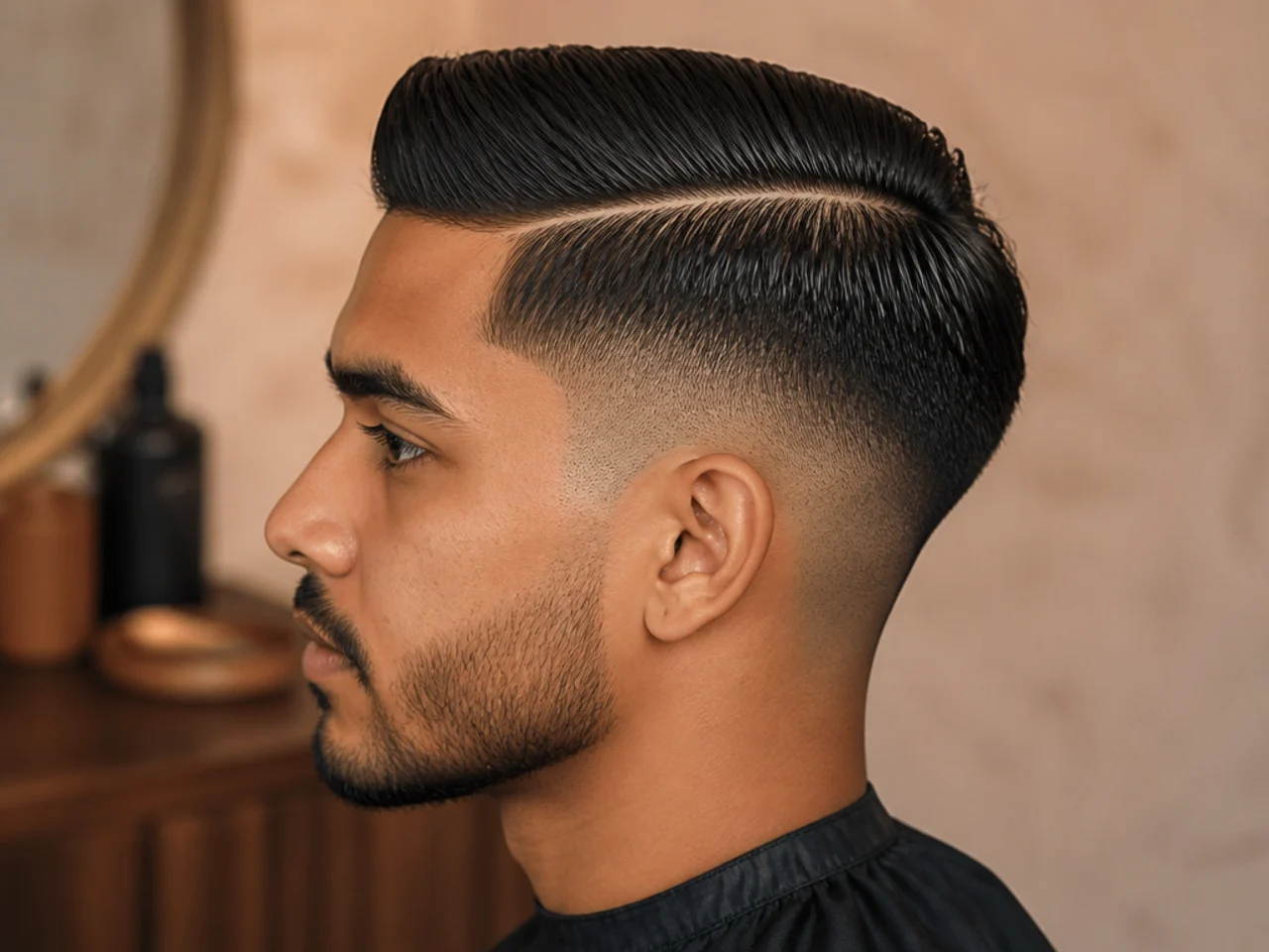 A mid fade comb over with a visible part line