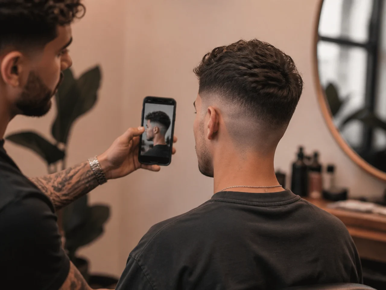 A saved haircut photo being shown to a barber