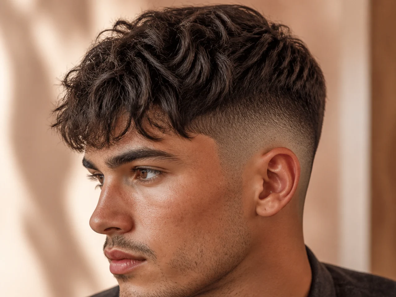 A mid fade with a fringe breaking the fade line