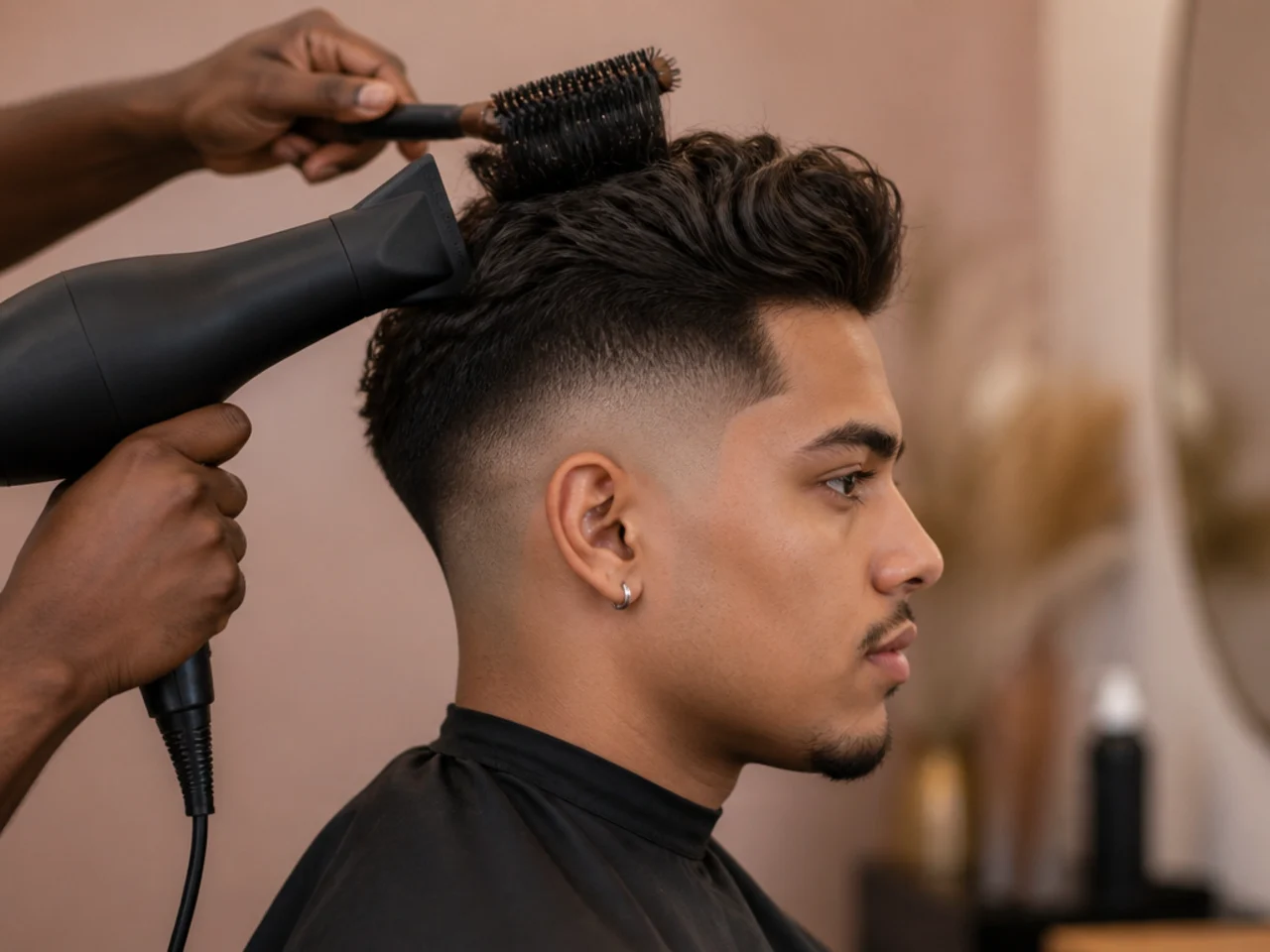 Blow-drying the top of a mid fade upward from the blend