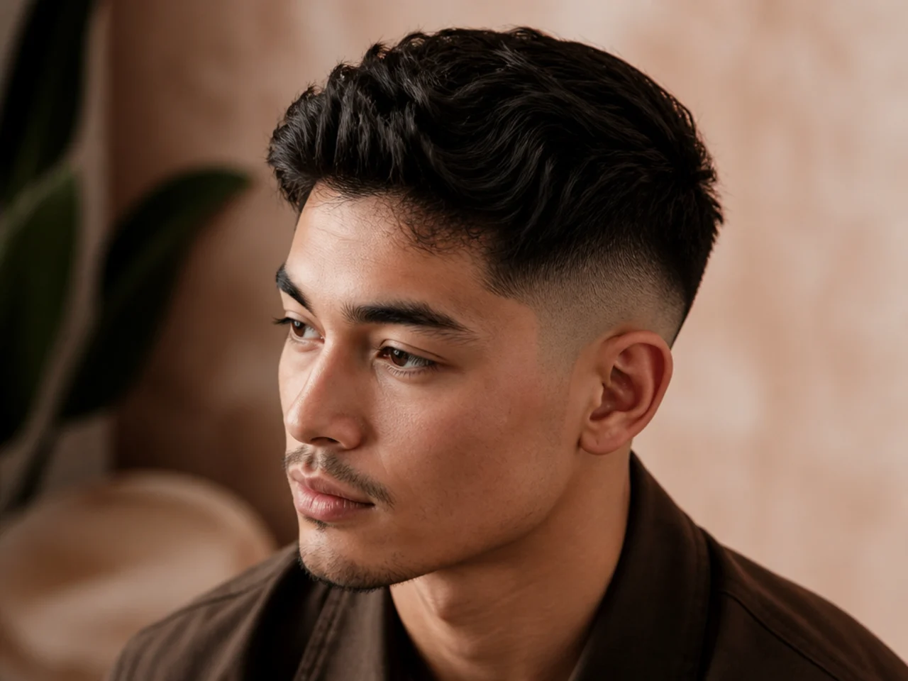 Three-quarter view of a styled mid fade