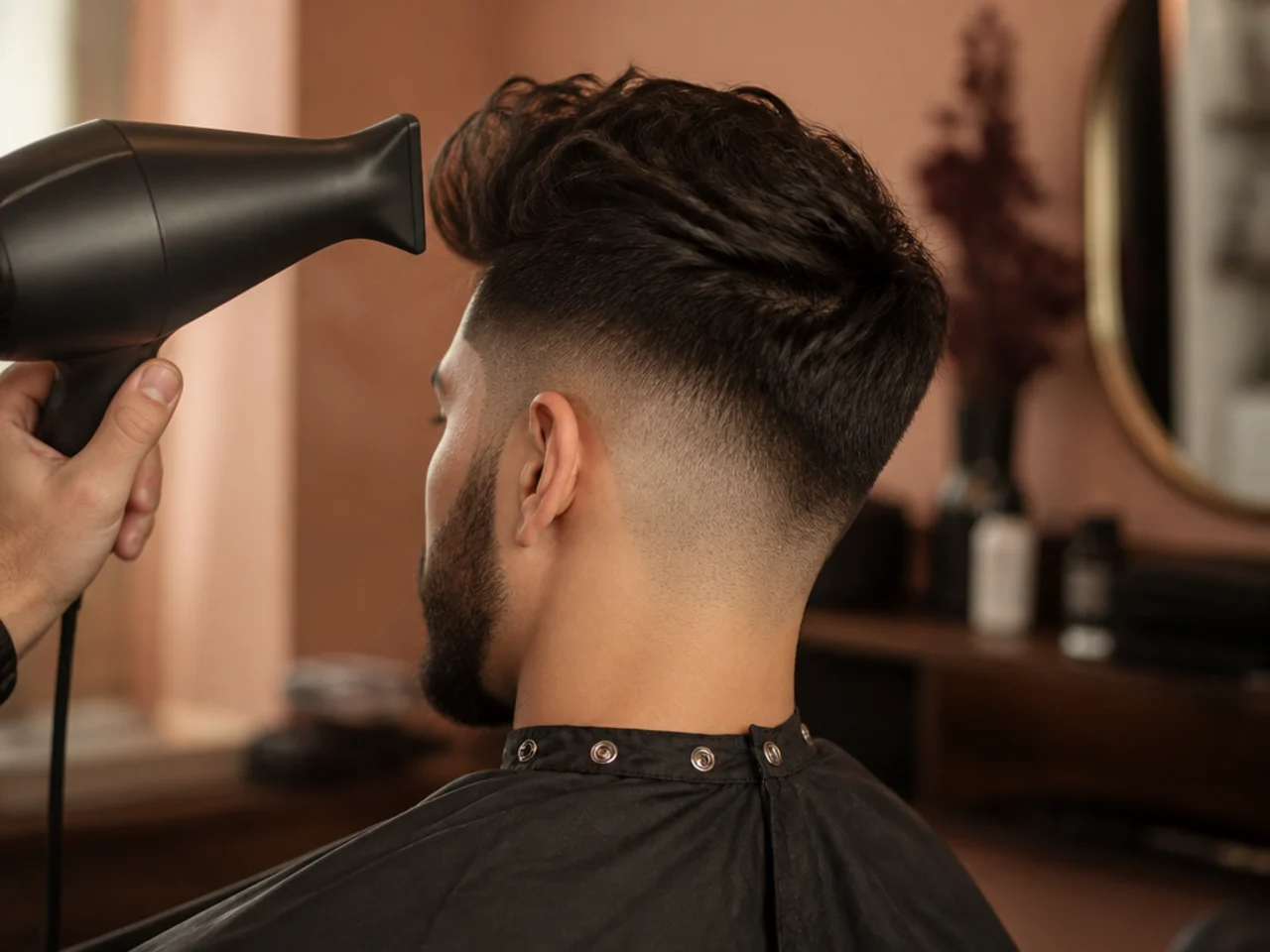 A dryer directing the top of a mid fade