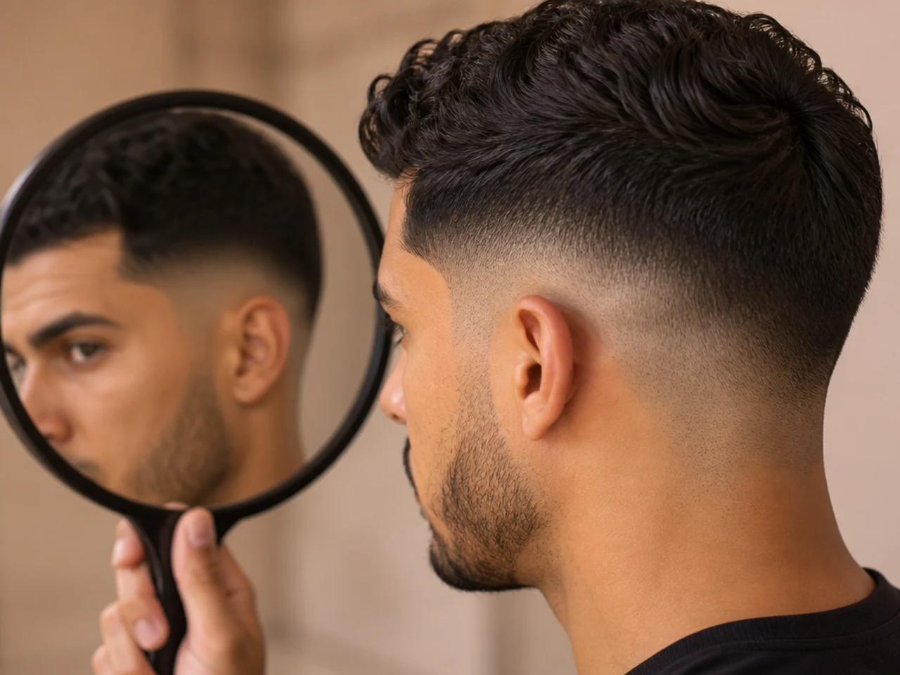 A mid fade being checked in a hand mirror