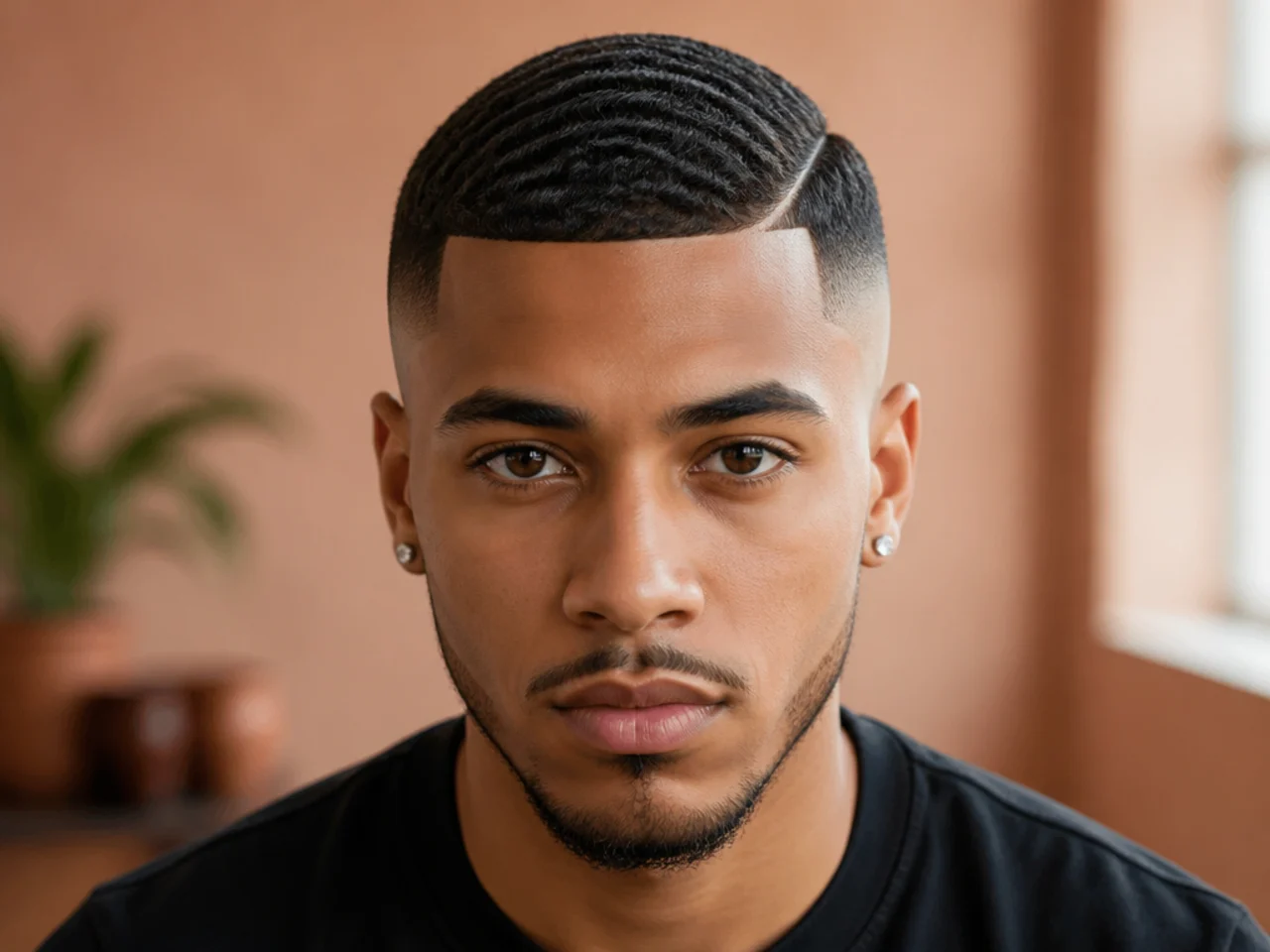 A mid skin fade with waves above the line