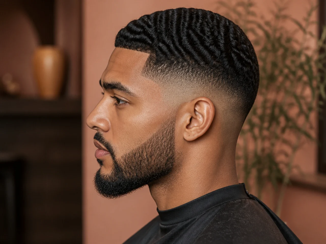 A mid fade with waves and a beard