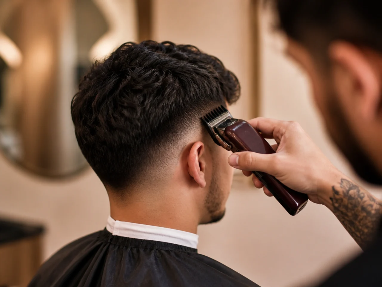 A barber setting the top guard of a mid fade on wavy hair