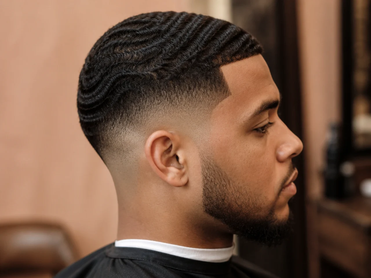 A wave pattern ending at a mid fade line above the ear