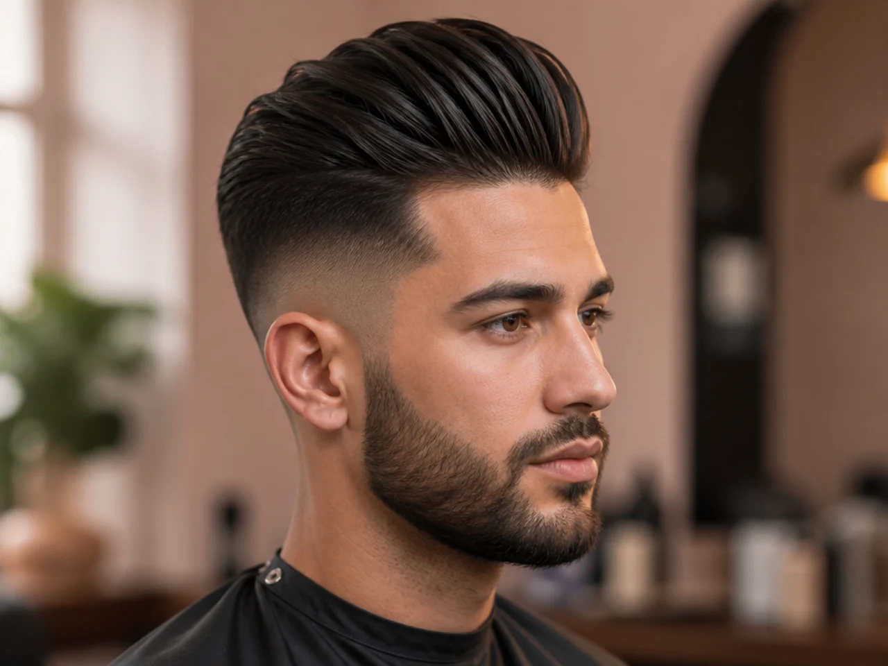 High Volume Brush Back with Mid Skin Fade and Beard