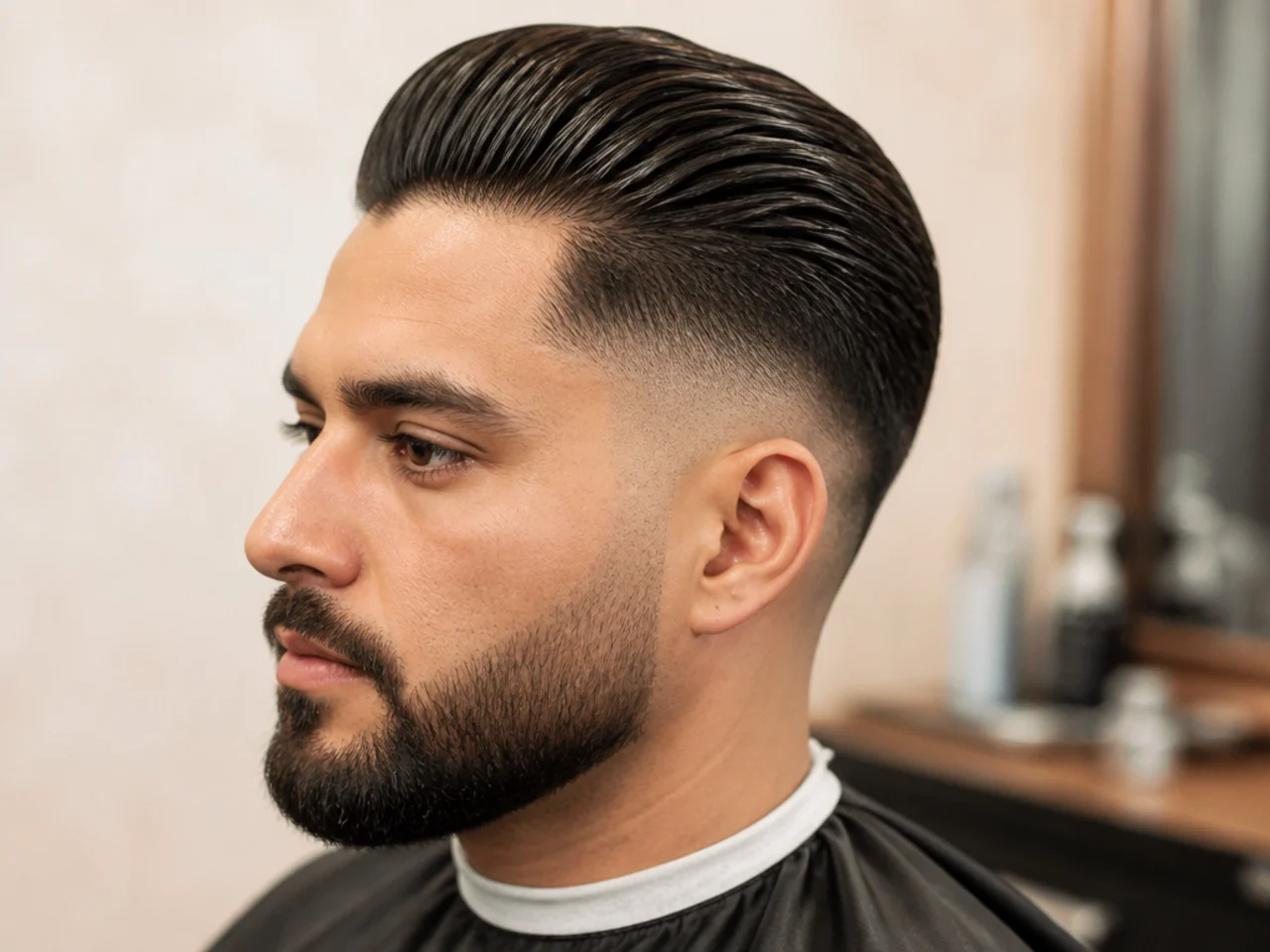 Short Slick Back with Mid Fade and Beard