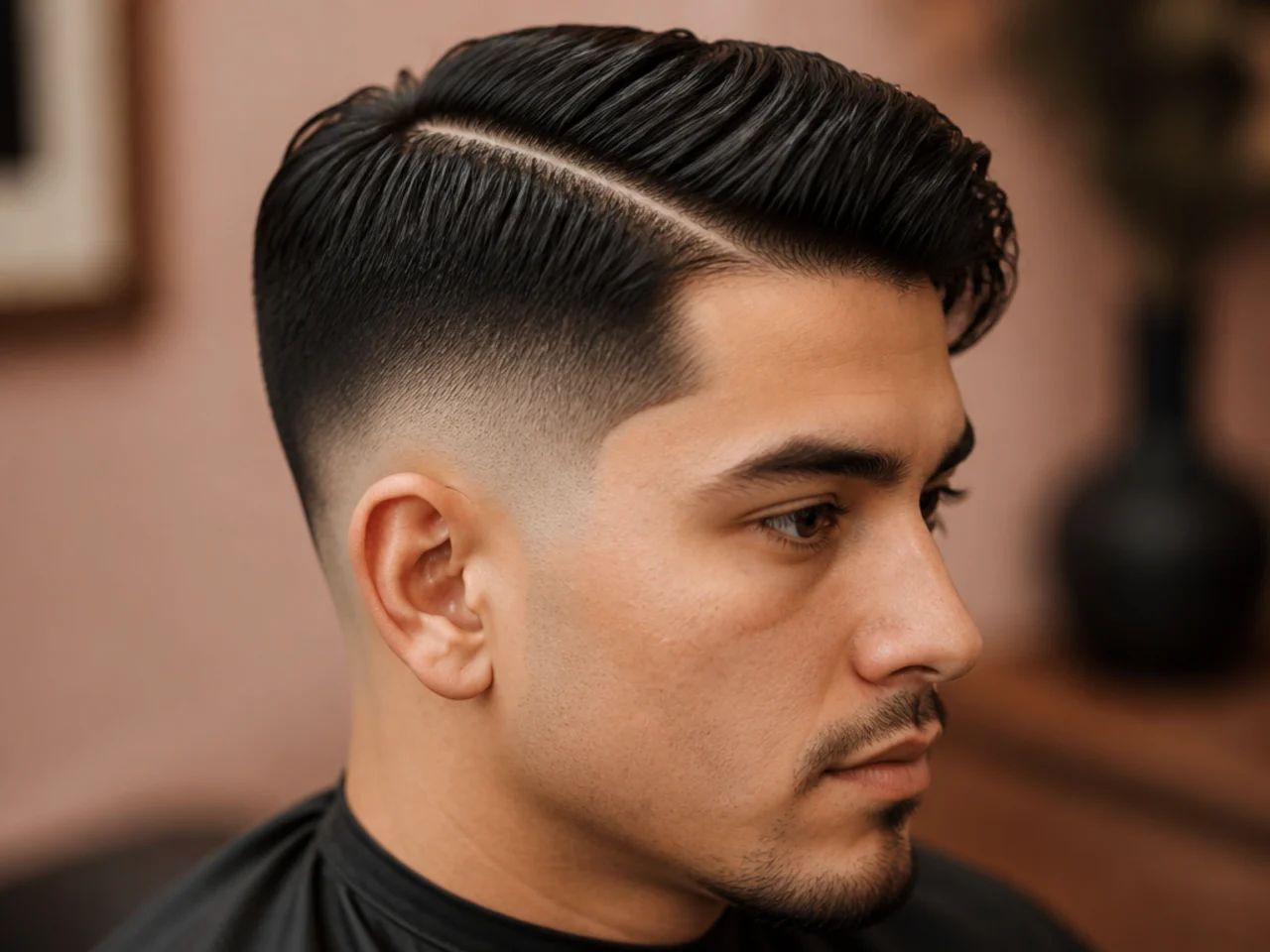 Deep side part mid fade with the parting set closer to the temple for drama