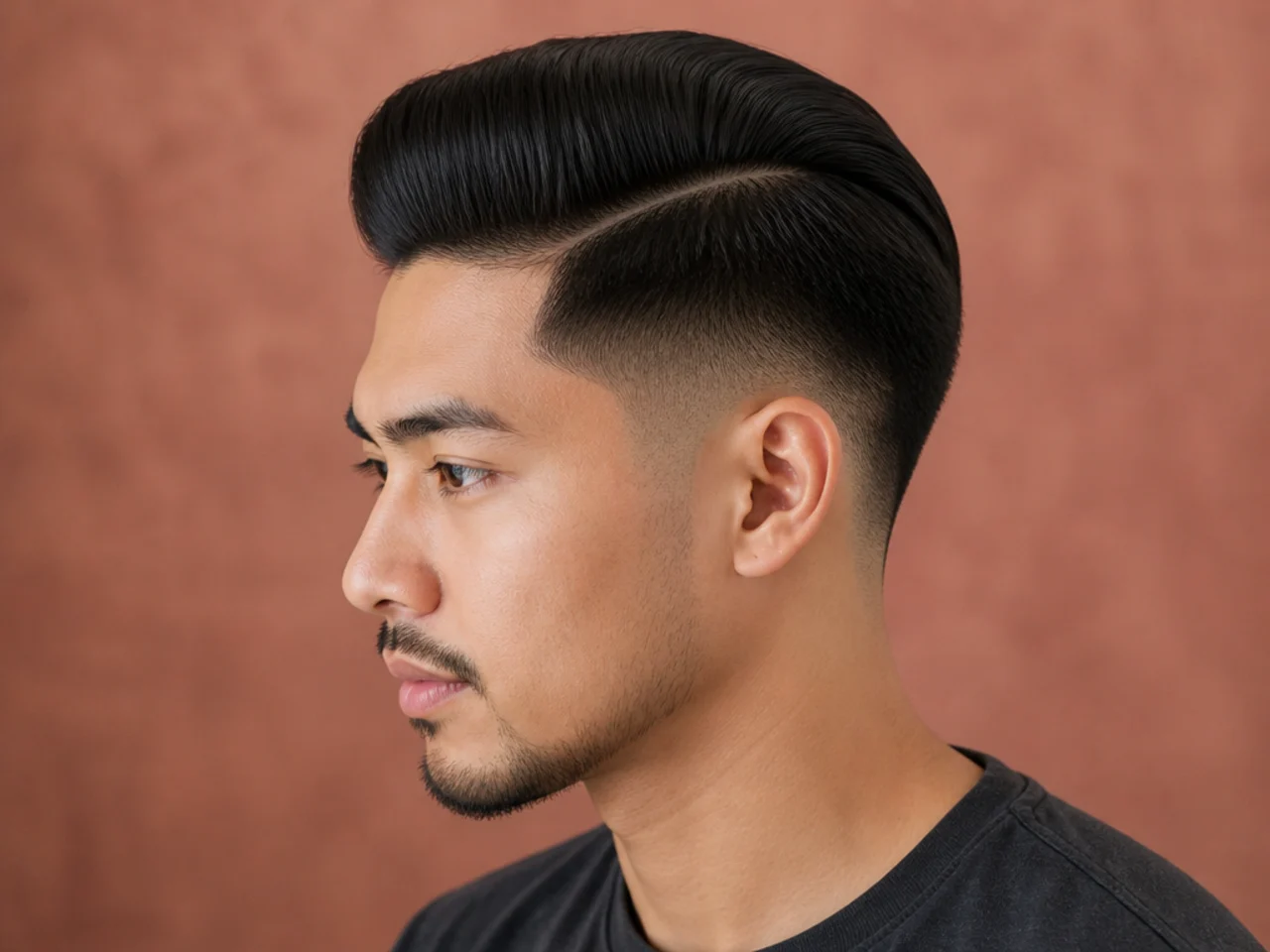 Mid fade side part pompadour with lifted crown volume and slicked sides
