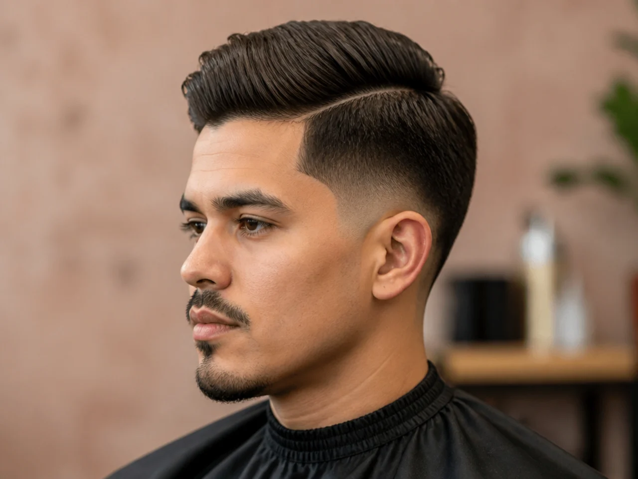 Mid burst fade side part with the fade curving around the ear