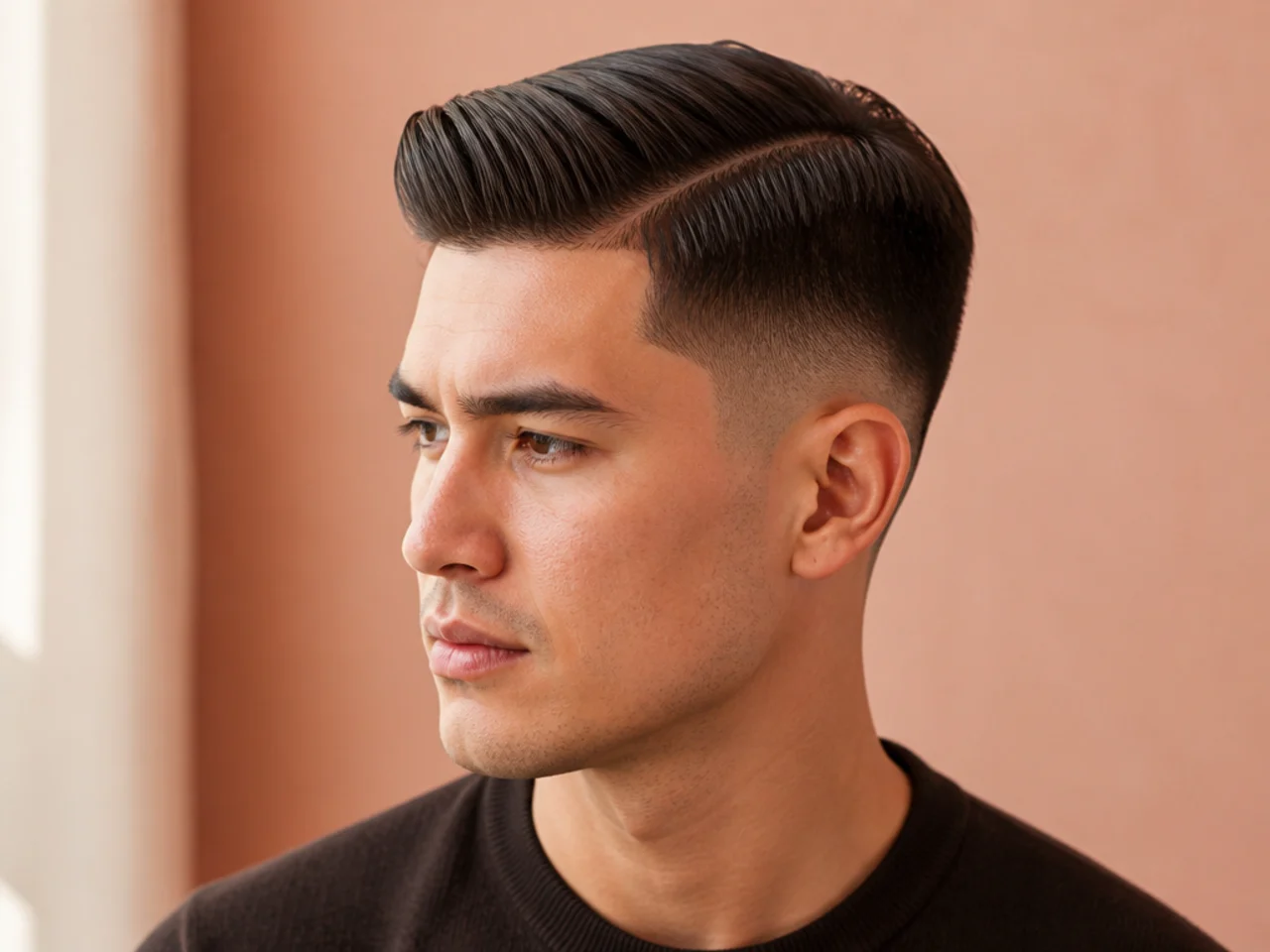 Mid fade Ivy League side part — short preppy top with a clean parting