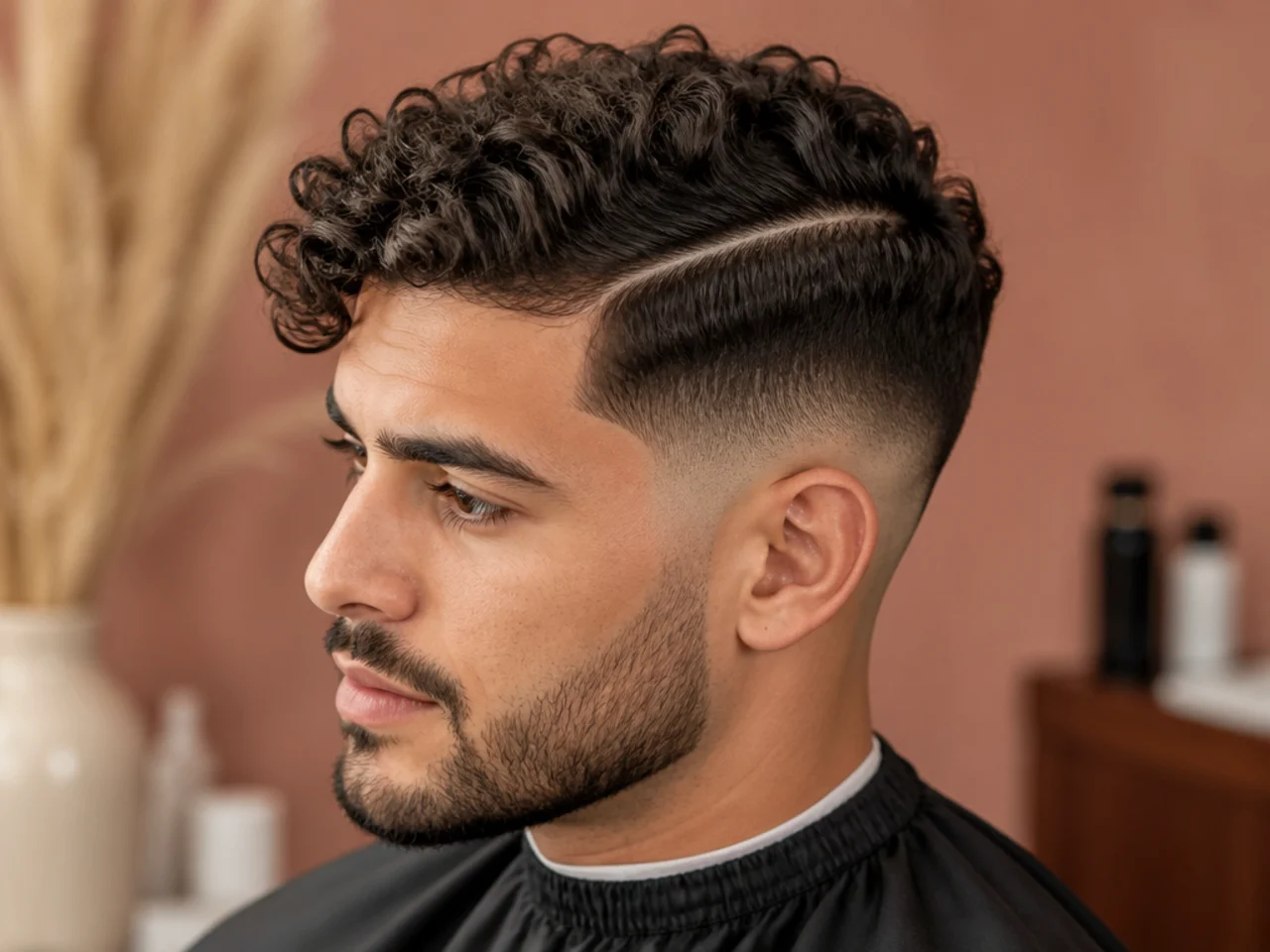 Mid fade side part on curly hair with defined parting cut into the curls