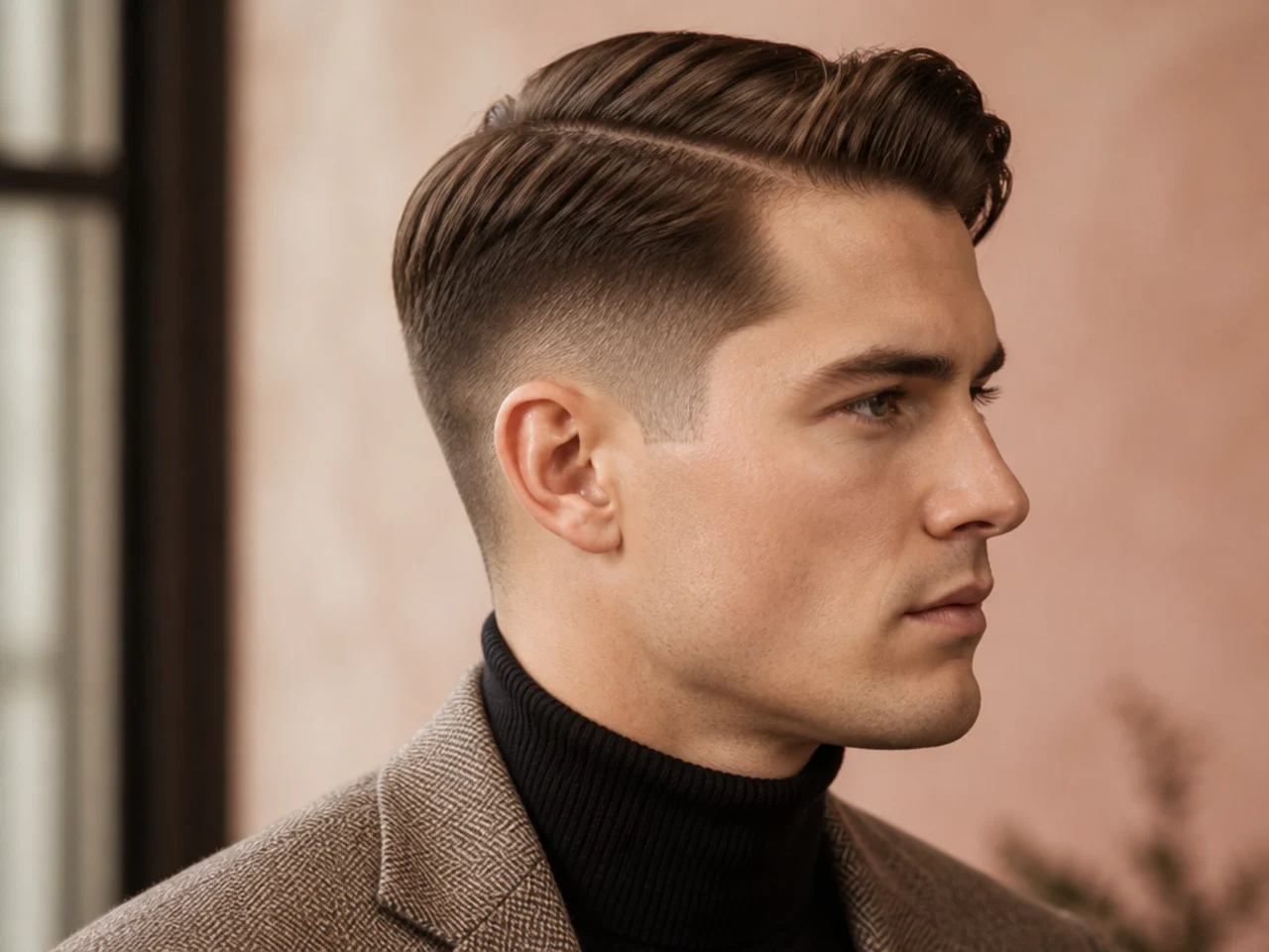 Old money mid fade side part with soft polished finish