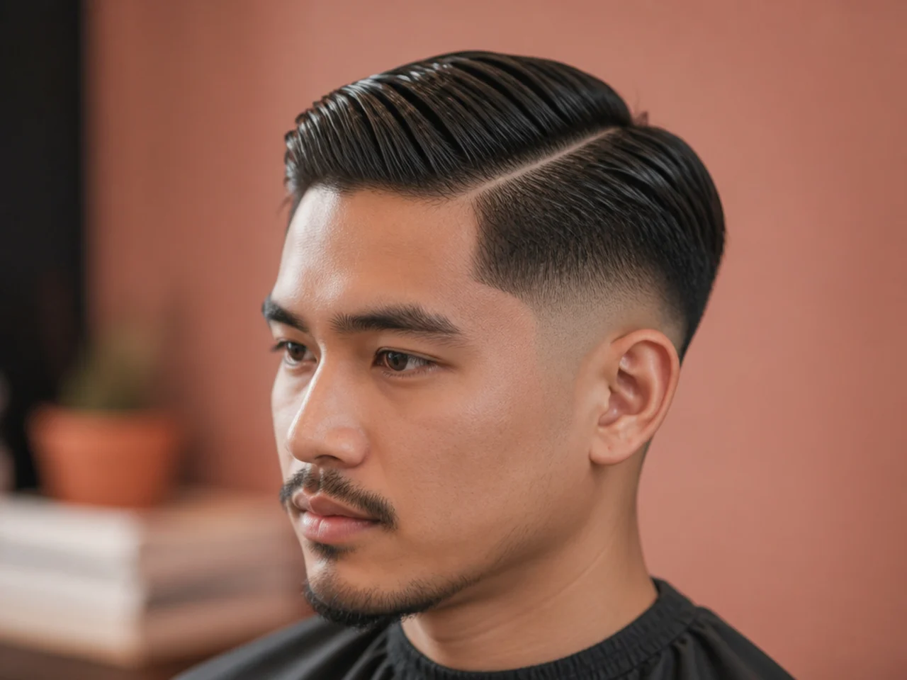 Mid fade side part wet look with high-shine pomade finish
