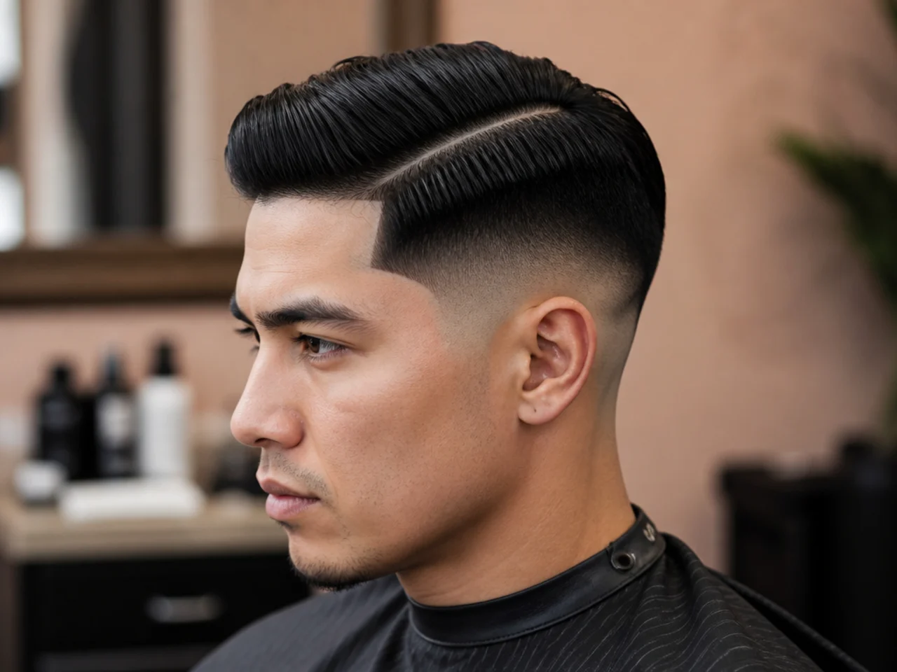 Mid fade side part with razor line-up along the temple and forehead