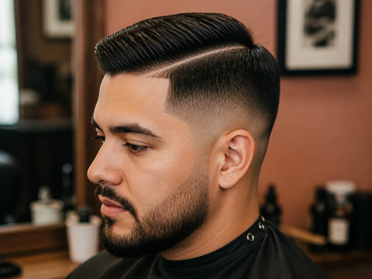 Mid fade with a razored hard side part cut into the temple