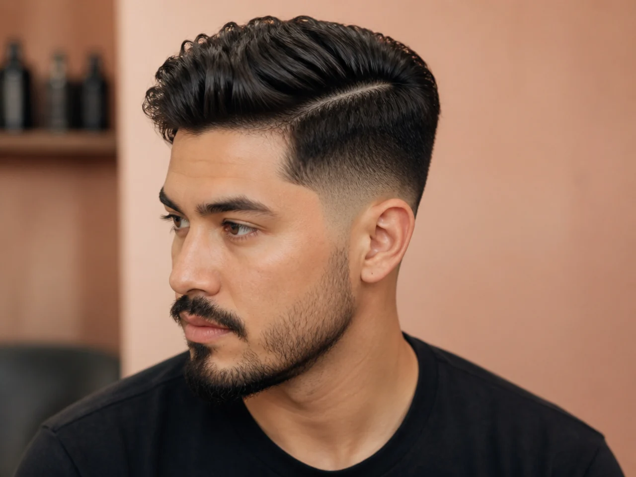 Mid fade side part for thick hair with the top thinned for wearability