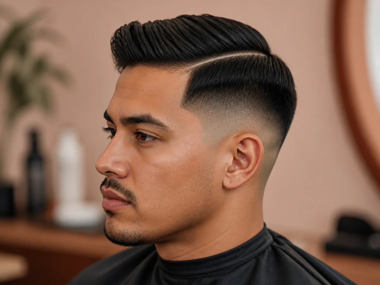 Mid drop fade side part with the fade line arcing behind the ear