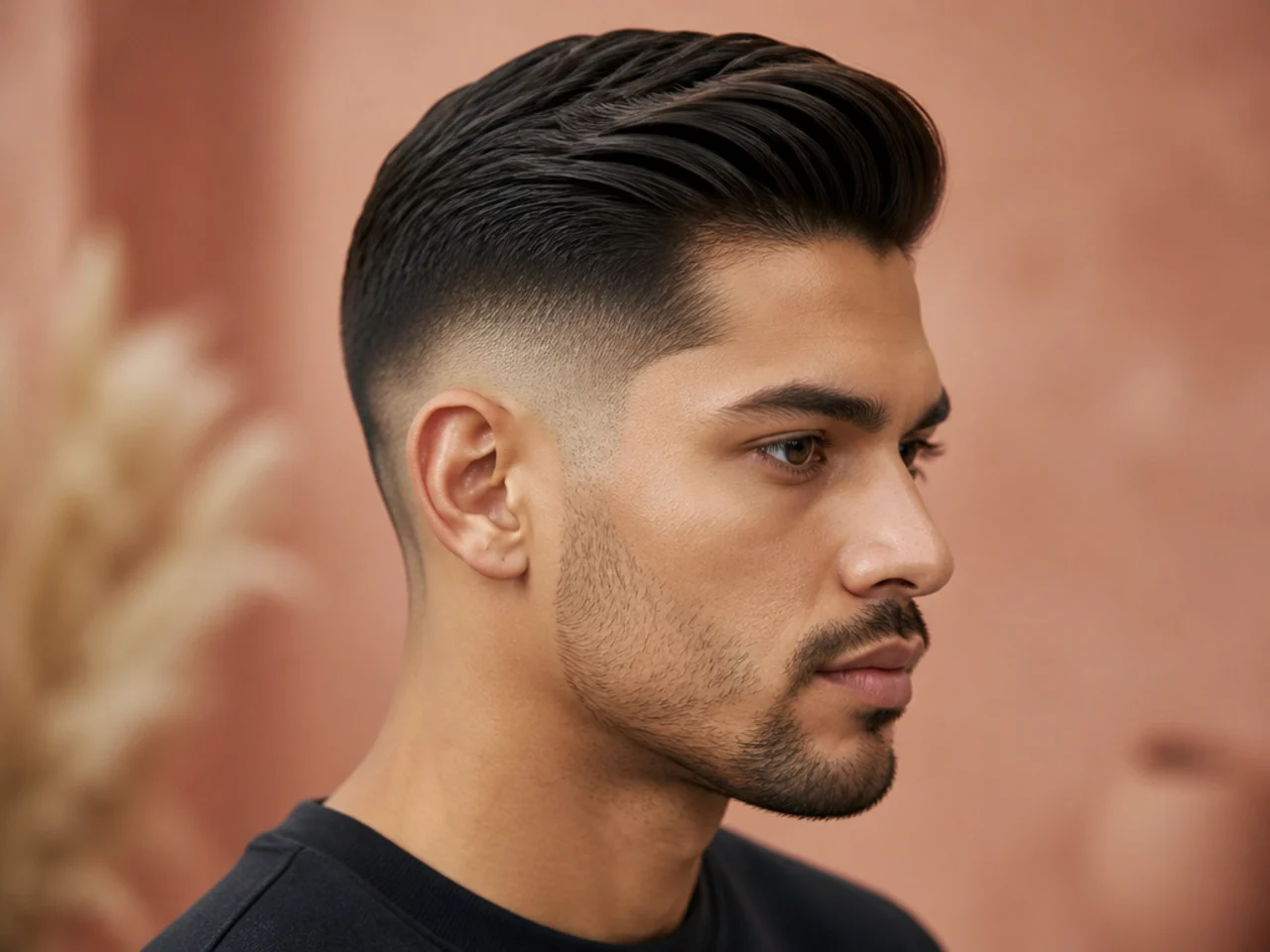 Mid fade slicked side sweep with shine pomade combed across a deep part
