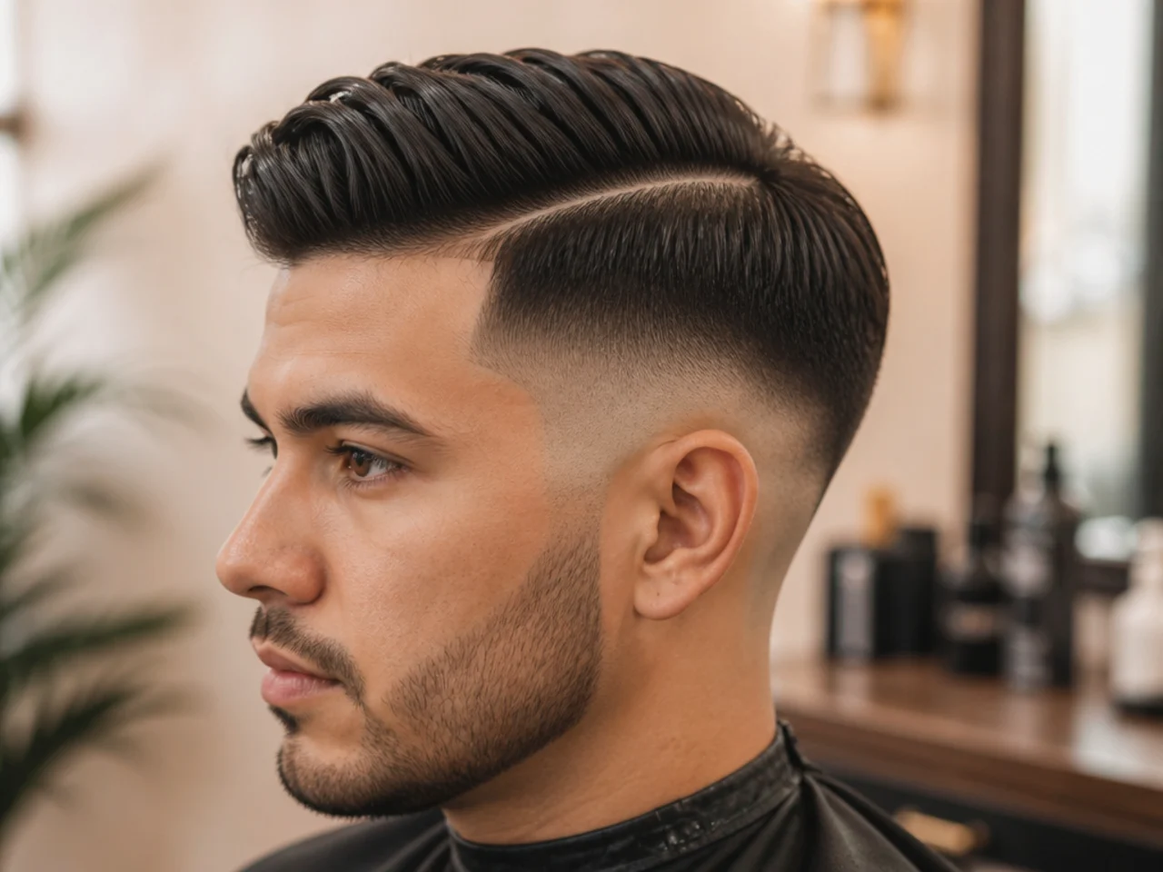 Mid fade comb over side part with polished corporate finish