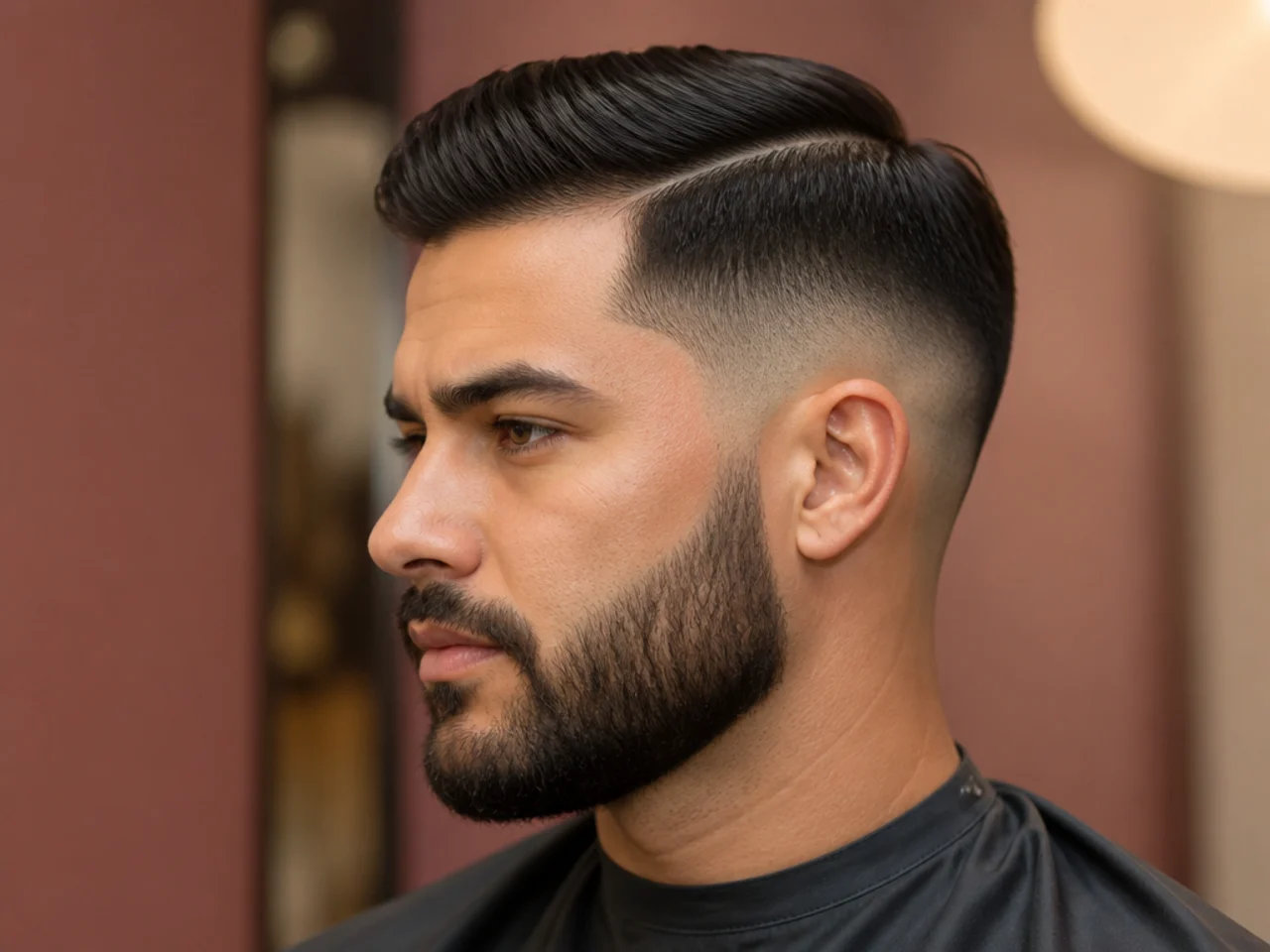 Mid fade side part paired with a trimmed beard blended at the sideburn