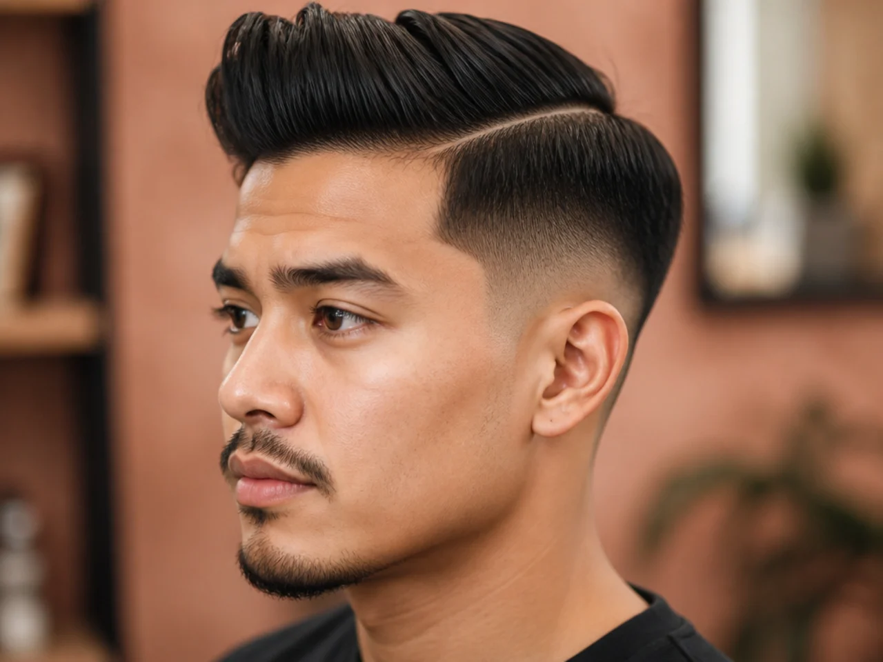 Mid fade side part quiff with height on top and a sweeping part