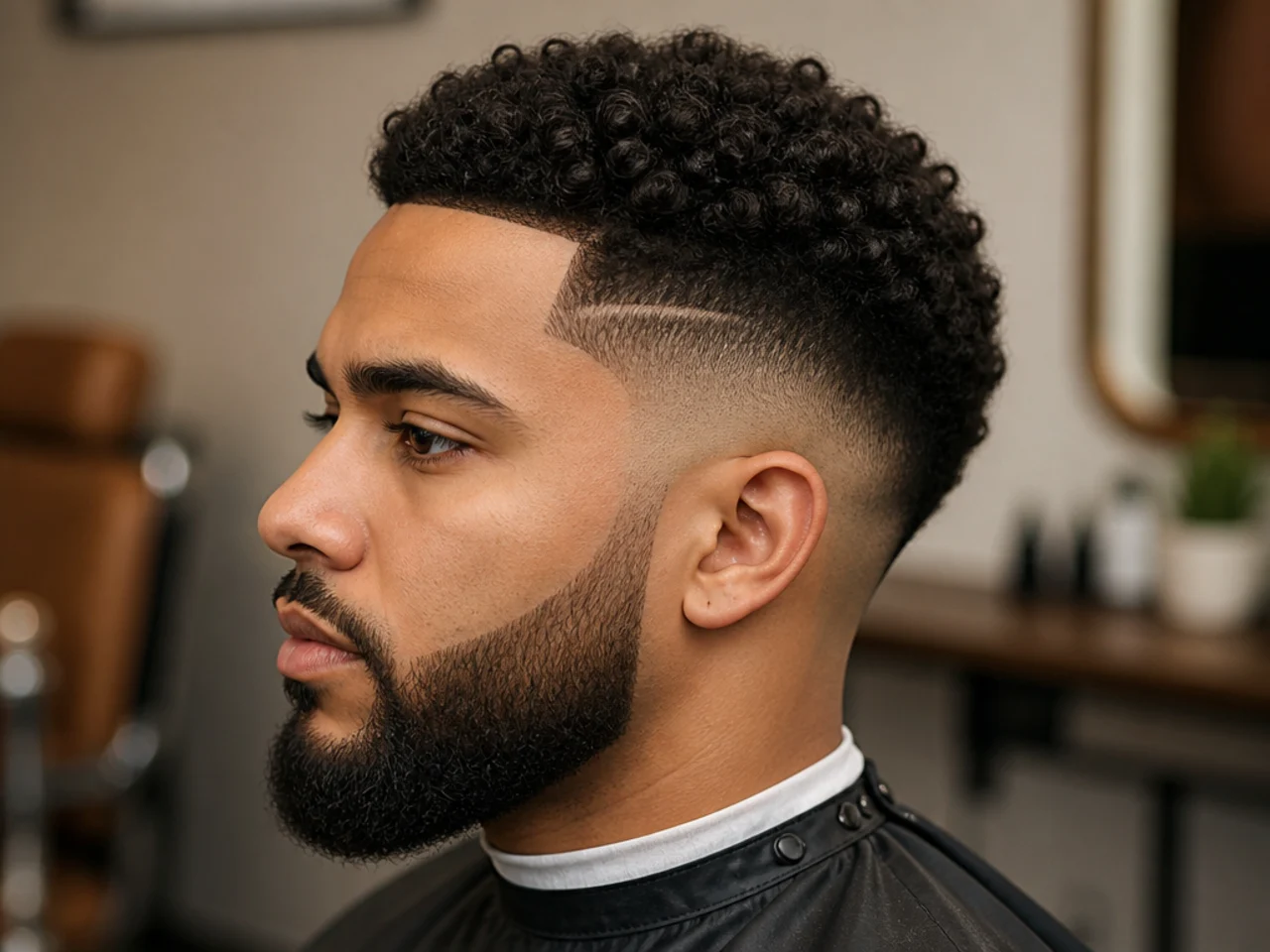 Mid taper fade with a razored line-up at the forehead connecting into a matched beard shape