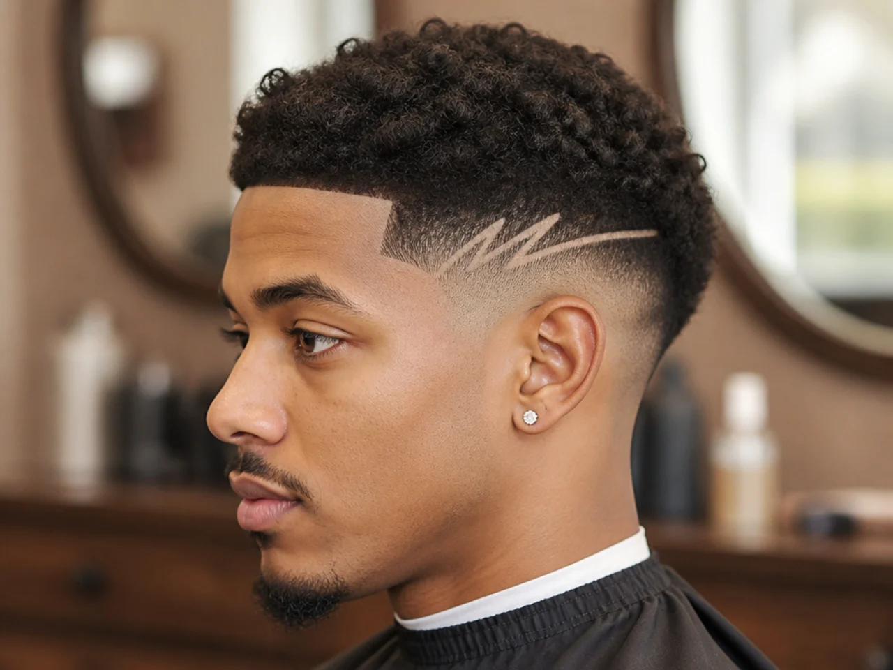 Etched razor design in the taper zone with 4A coily hair on top and mid taper fade