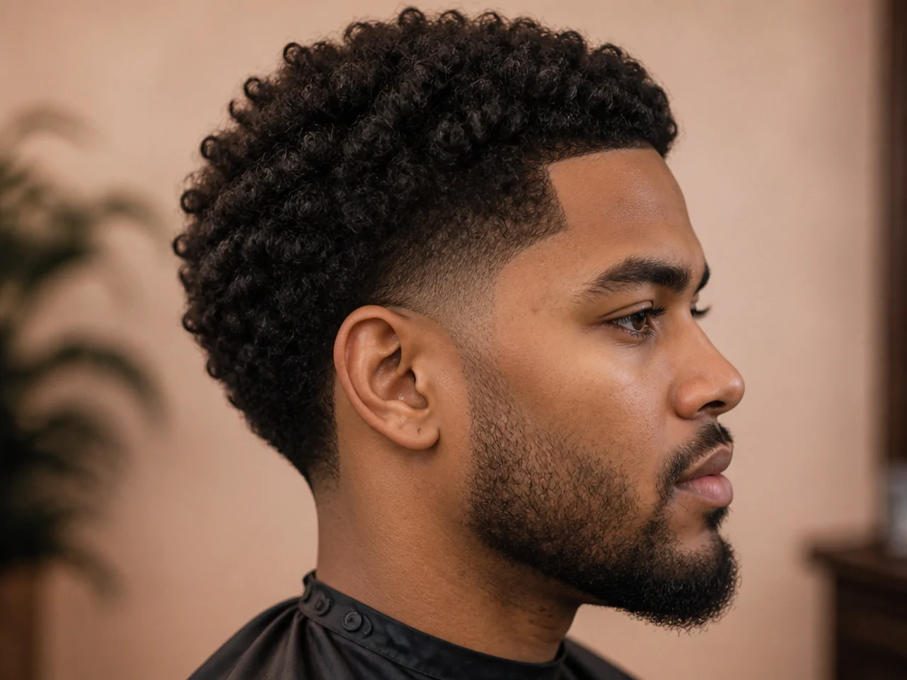 Mid taper fade with a drop shape curving behind the ear and 4B coils on top