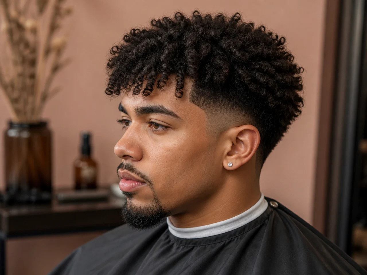 Coily textured fringe falling past the brows on 4A hair with a mid taper fade at the sides