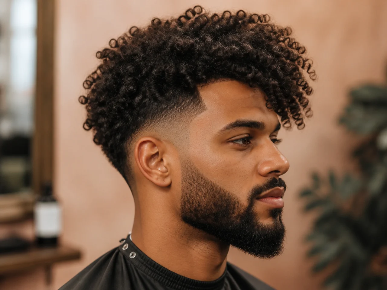 Long coily 4A hair swept to one side with volume and a mid taper fade at the sides