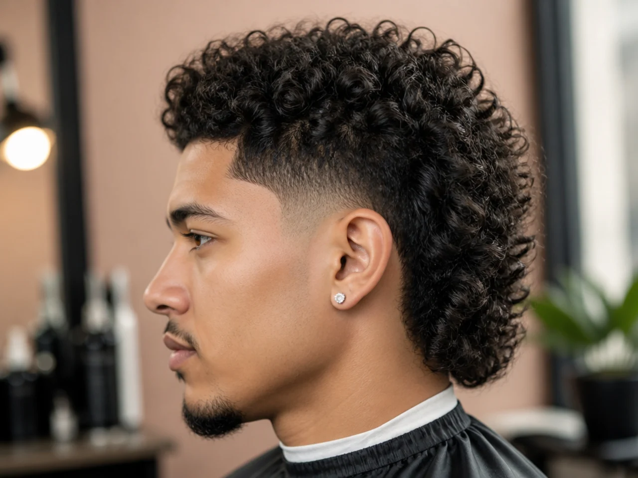 Coily mullet with length at the nape and a mid taper fade at the sides on 4A hair