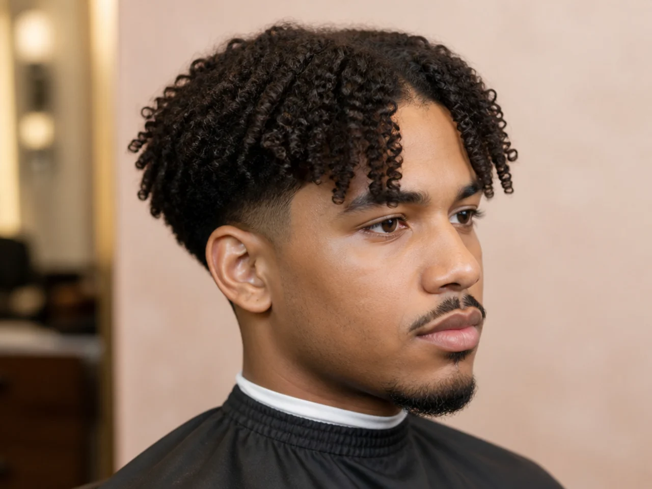 Coily middle part with 4A hair falling to both sides and a mid taper fade underneath