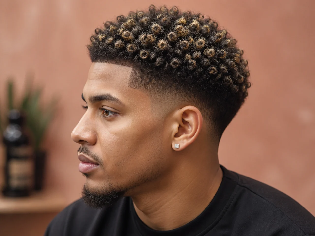 Frosted blonde tips on 4A afro with a mid taper fade at the sides