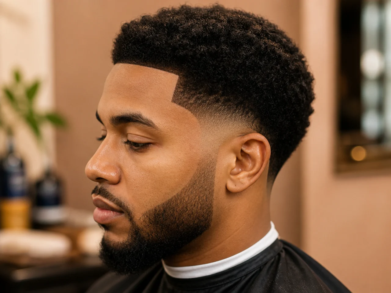 Two-inch 4A afro shaped round on top with a mid taper fade blending softly into the sides