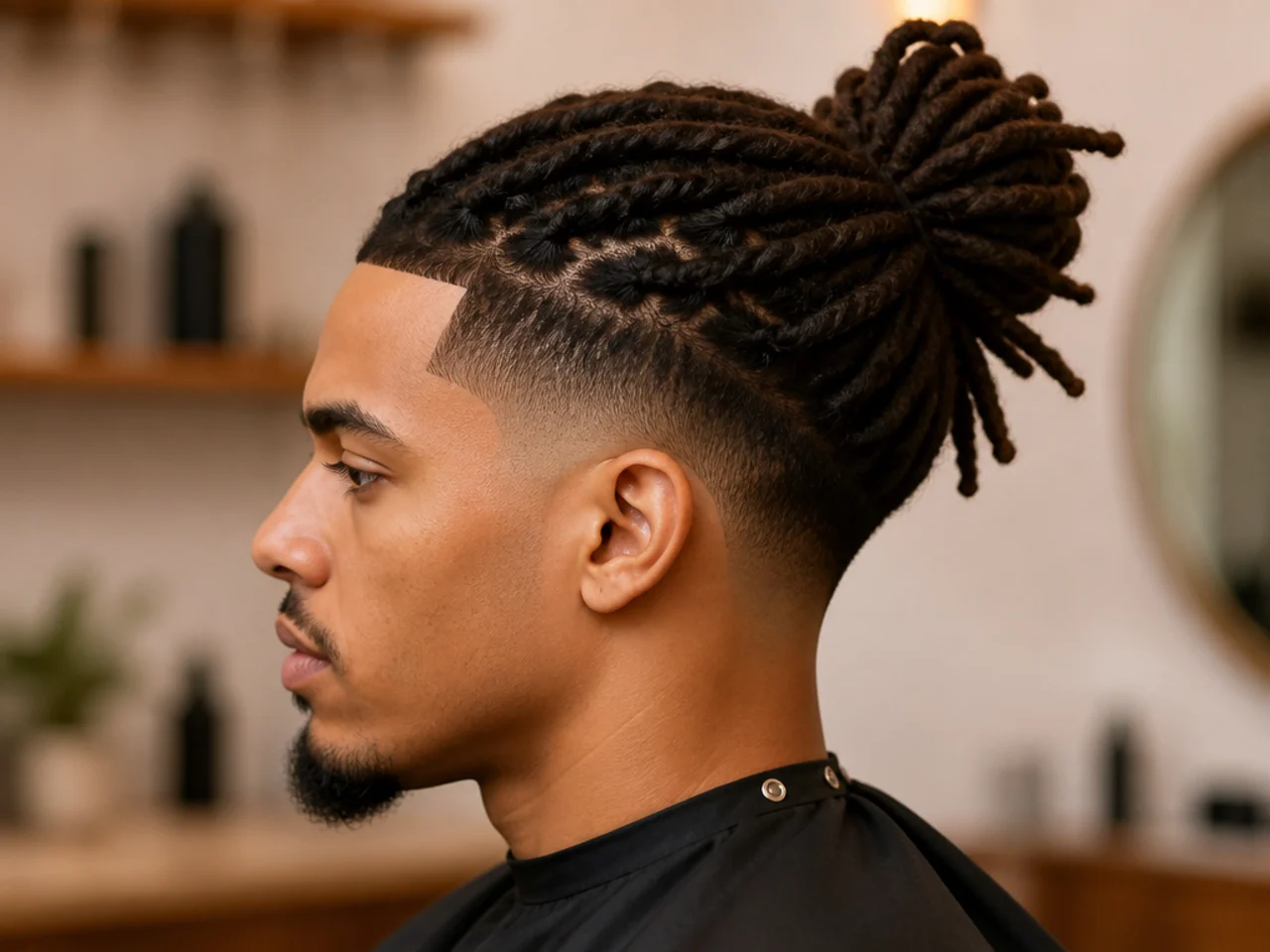 Locs pulled into a man bun on top with a mid taper fade cleaning the sides