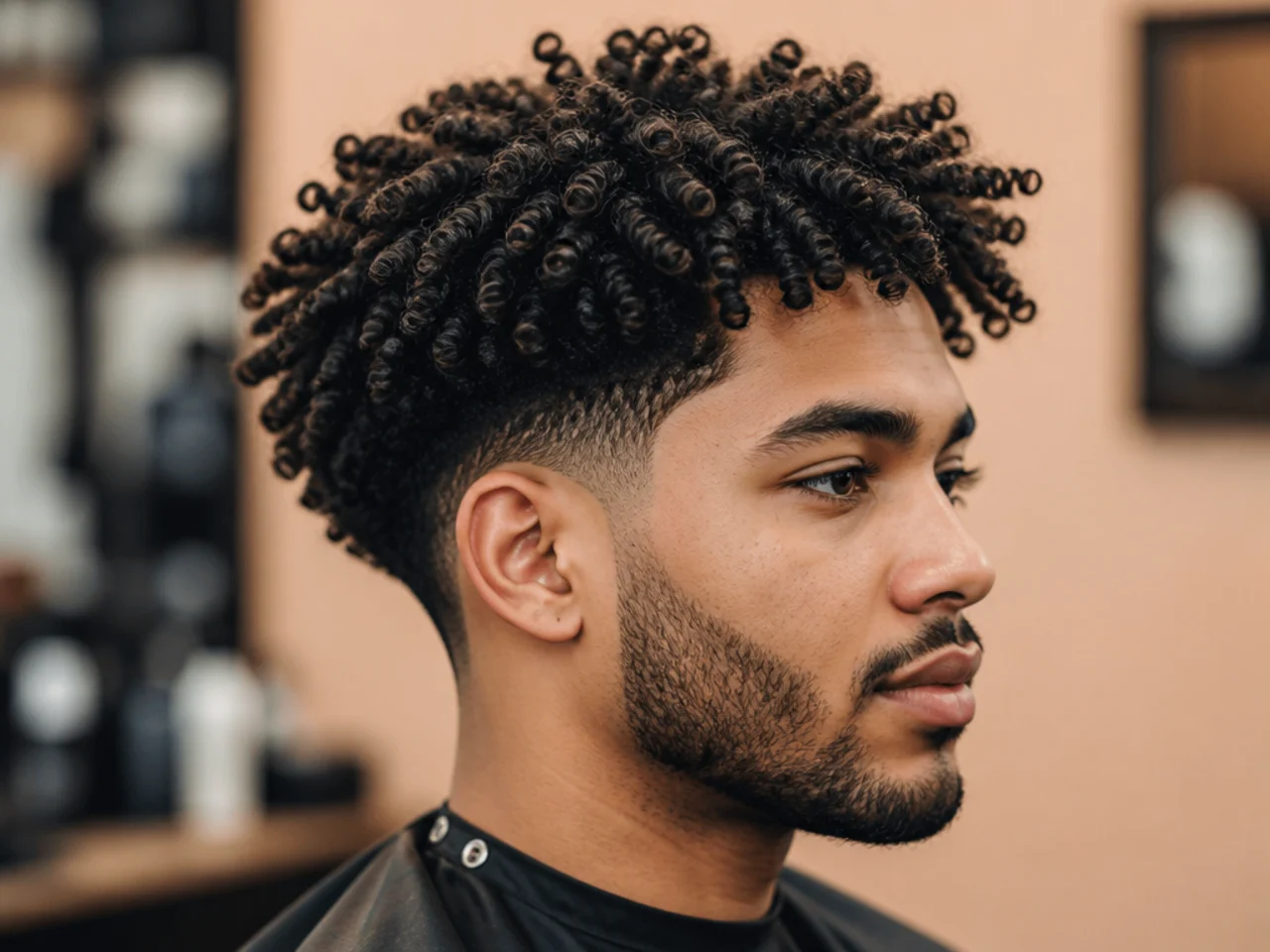 Twist-out defined 4A curls on top with a mid taper fade underneath