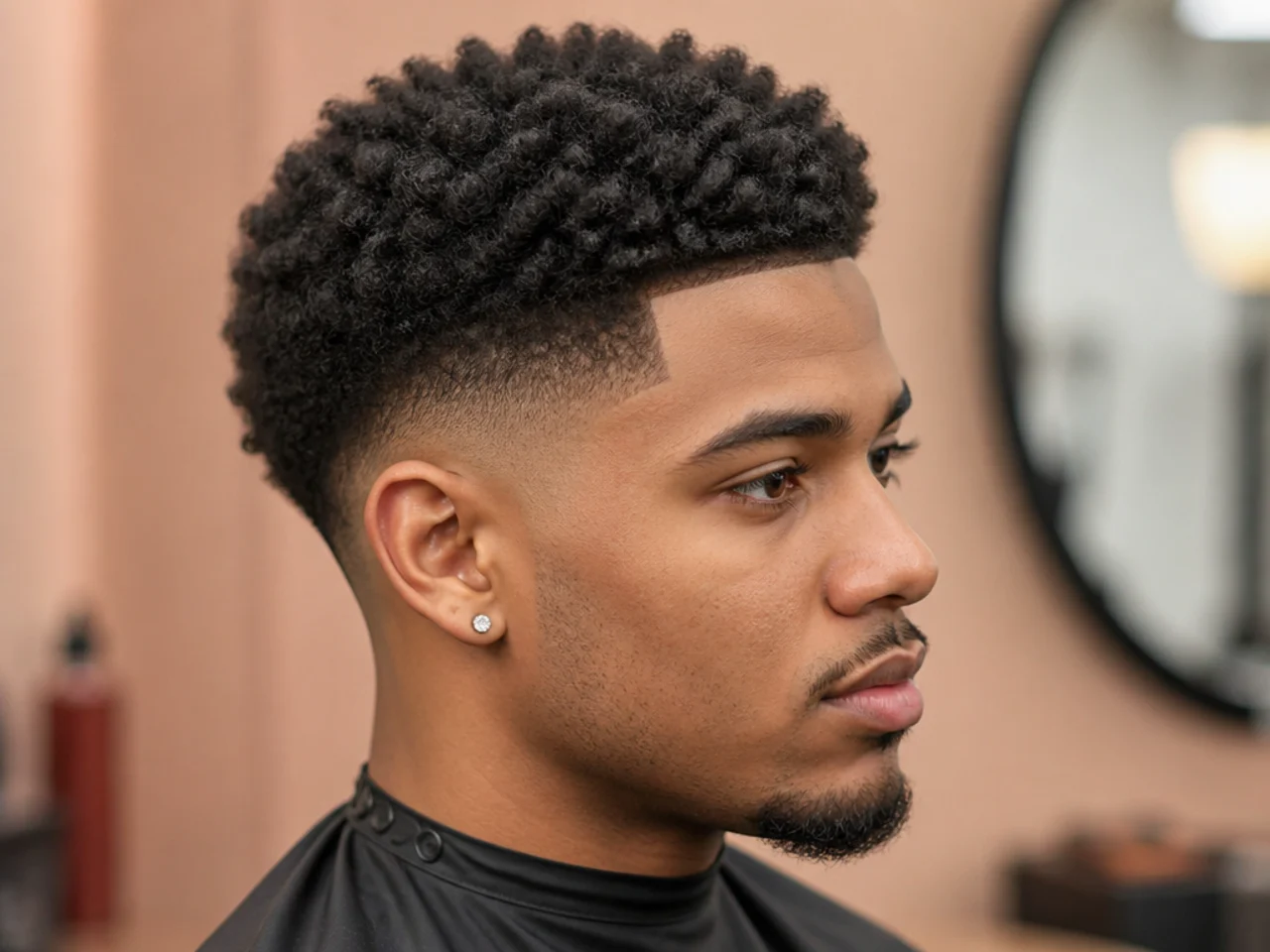 Uniform sponge coils on 4C hair with a mid taper fade and clean line-up at the forehead