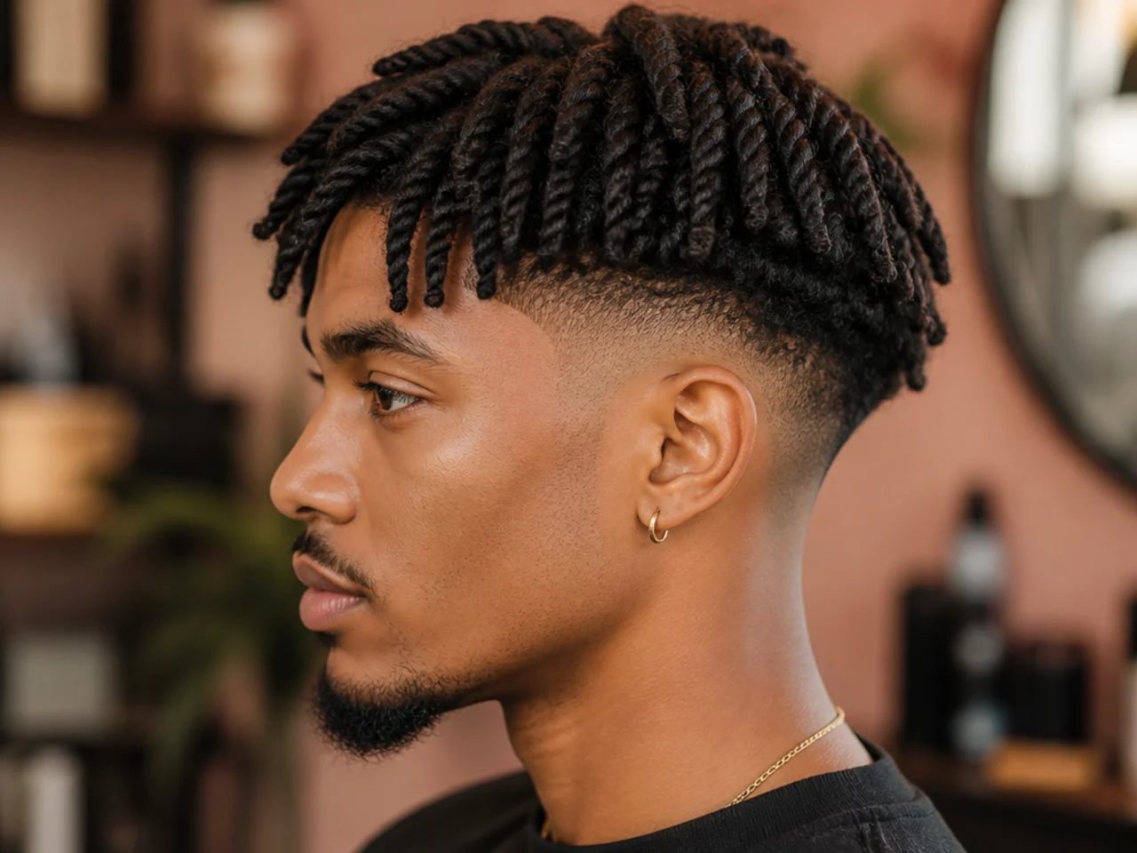 Short two-strand twists on top with a mid taper fade at the sides on 4B hair
