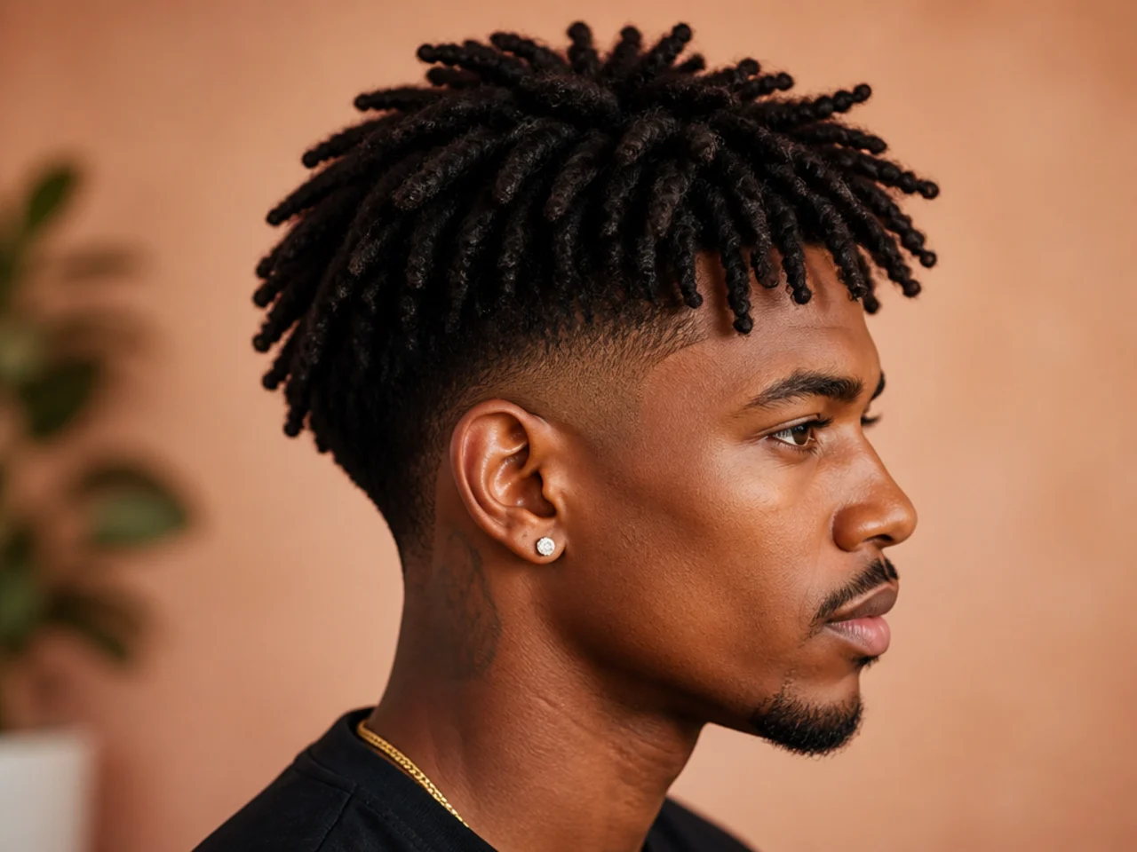 Freeform locs on top with a mid taper fade at the sides showing the natural loc formation