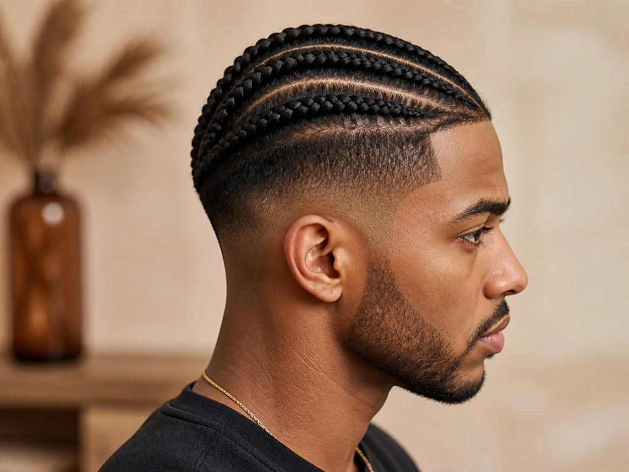 Cornrows braided straight back on top with a mid taper fade at the sides