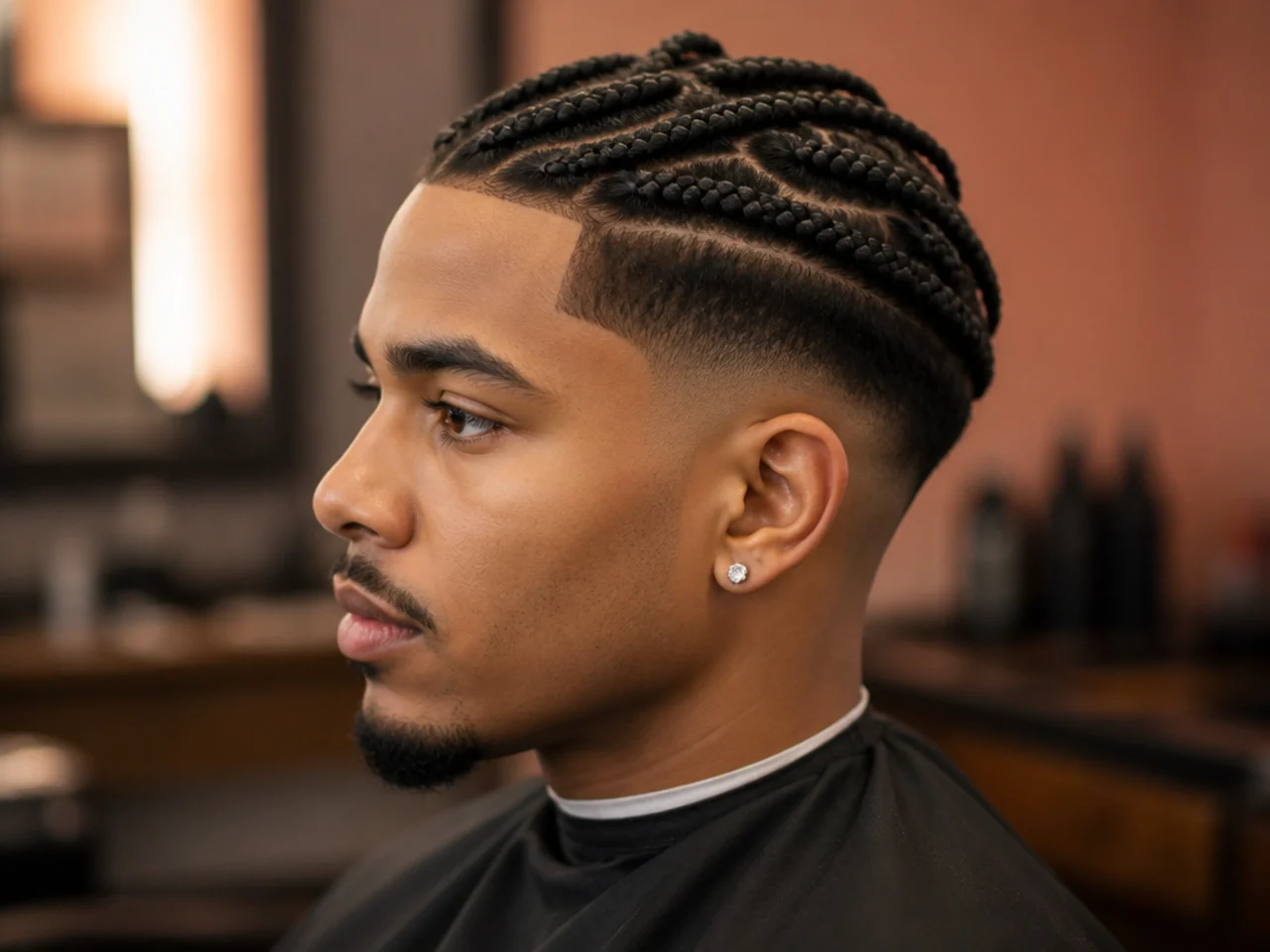 Short box braids on top with a mid taper fade cleaning the sides on 4B hair