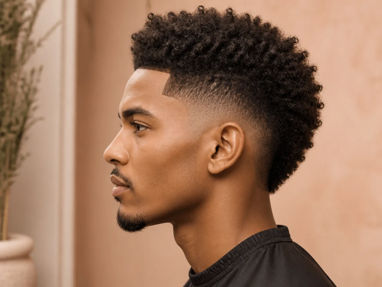 Frohawk with a strip of coily 4A hair running crown to forehead and mid taper fade at the sides