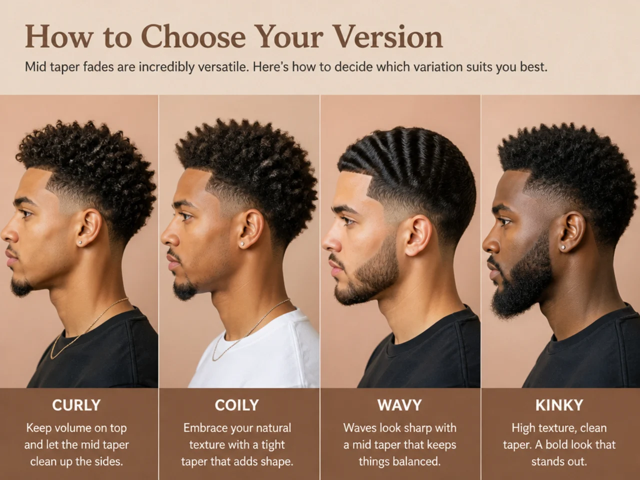 Three Black men with different mid taper fade top styles — waves, twists, and a short afro