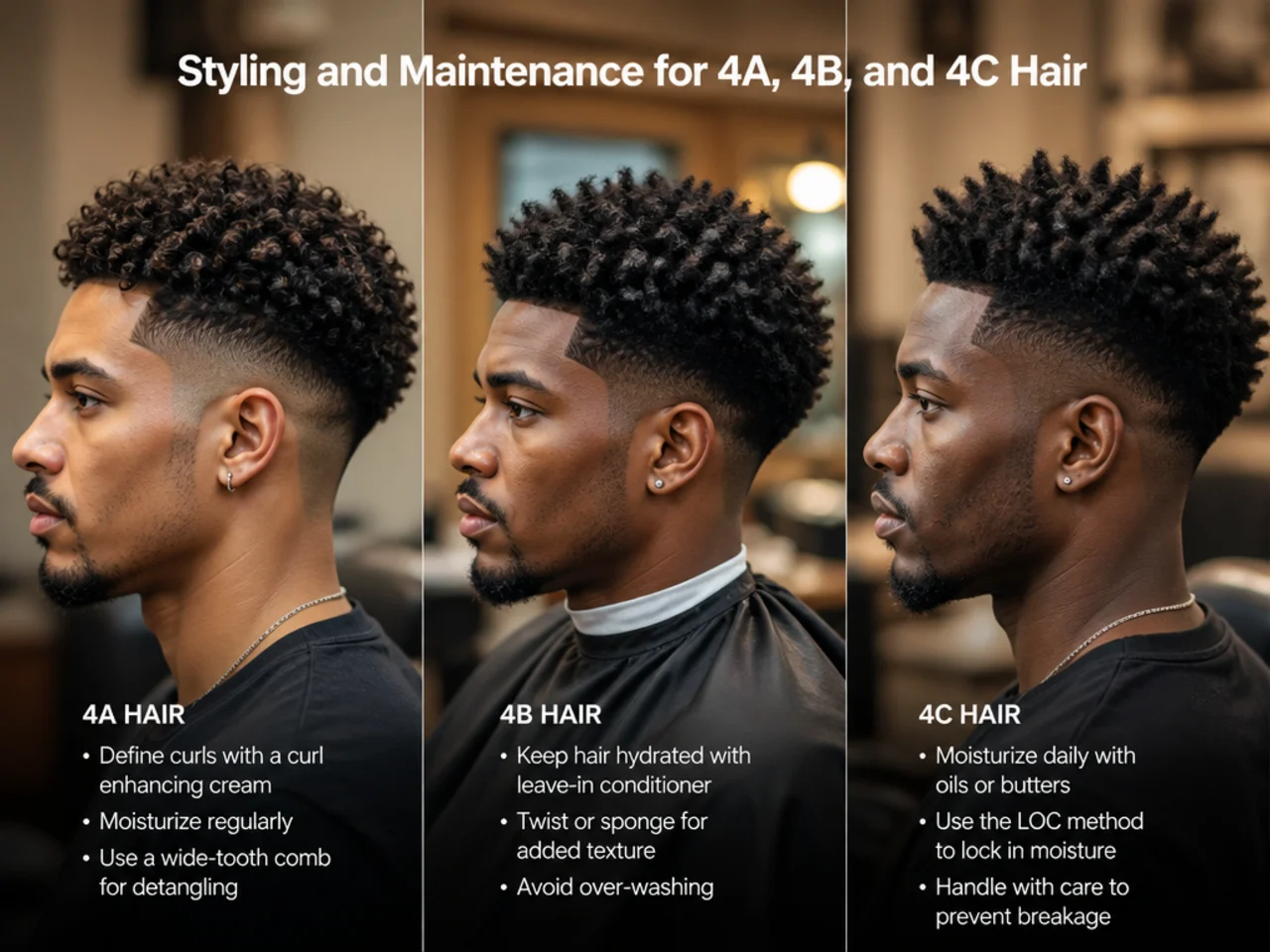 Styling essentials for a mid taper fade on Black hair — leave-in, curl cream, sponge, pick, du-rag